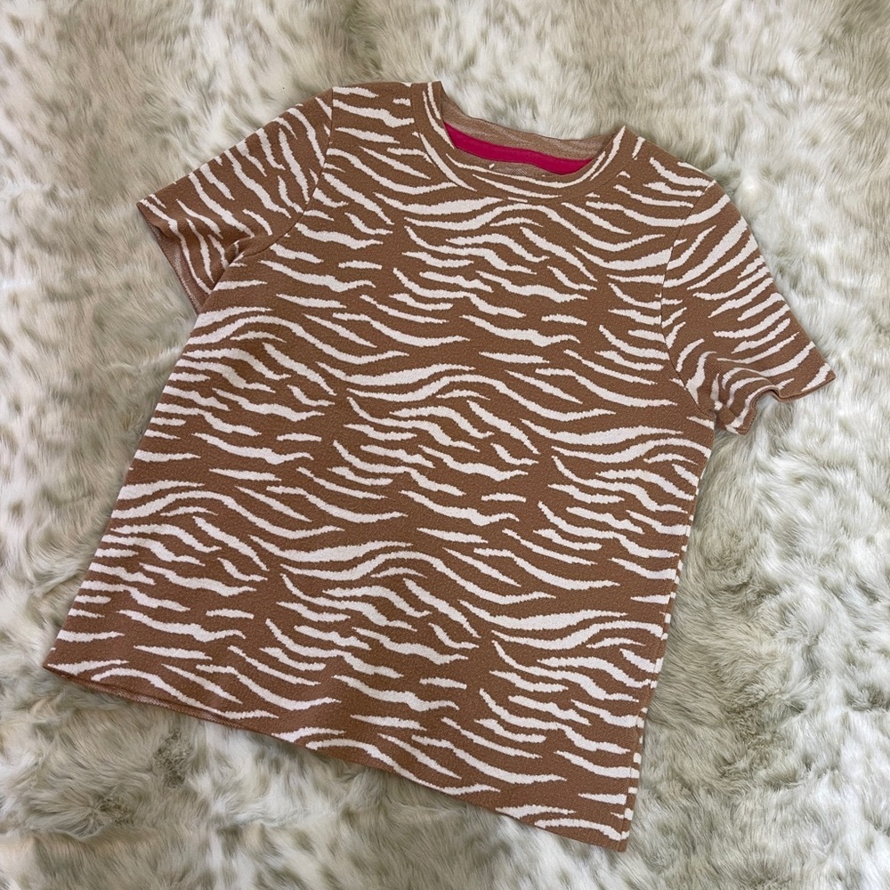 Anthropologie Brown and White Animal Print Short Sleeve Sweater Tee